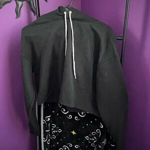 Black cropped hoodie with white drawstring